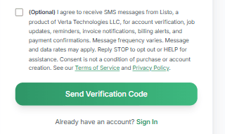 Close-up of the SMS consent checkbox: unchecked by default, labeled optional, with full disclosure of message types, frequency, rates, STOP and HELP instructions, and links to Terms of Service and Privacy Policy
