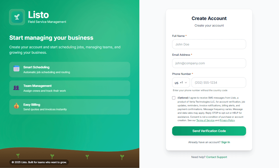 Listo signup page at app.listo.works/signup showing the account registration form with the unchecked SMS consent checkbox
