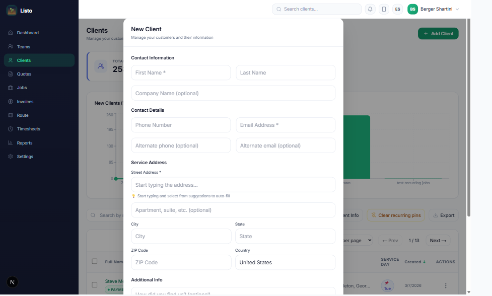 New Client form with contact information, service address, and service day fields