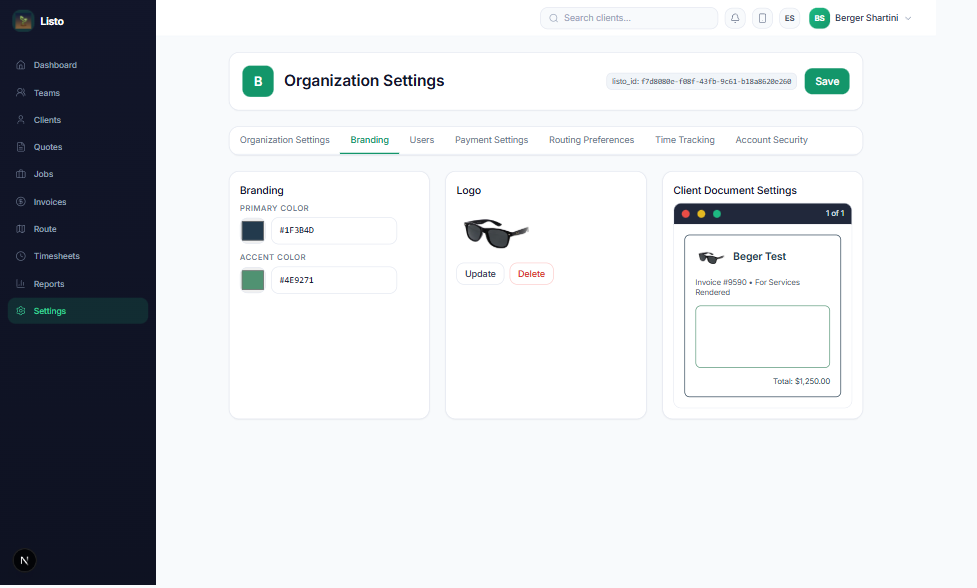 Branding settings with primary and accent colors, logo upload, and a live document preview