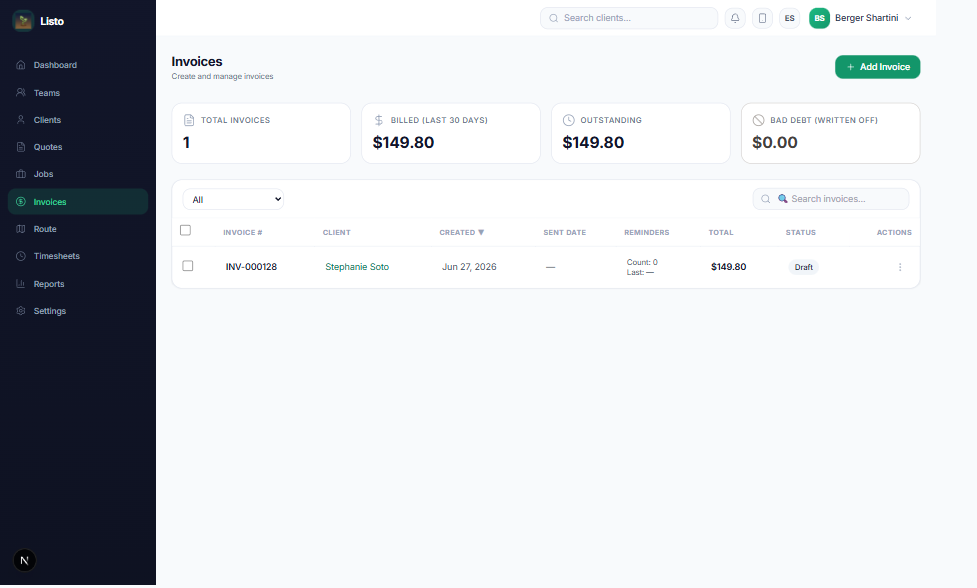 Invoices page with billing KPIs and the invoice list