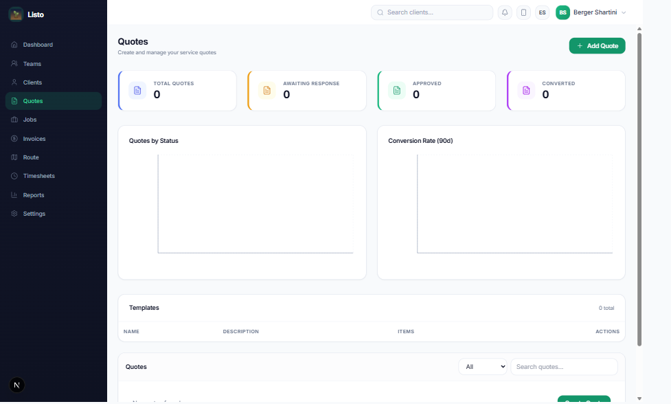 Quotes page with KPI cards, status chart, conversion rate, and templates