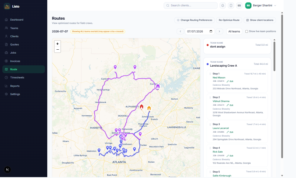 Routes page with an optimized route drawn on the map and ordered stops