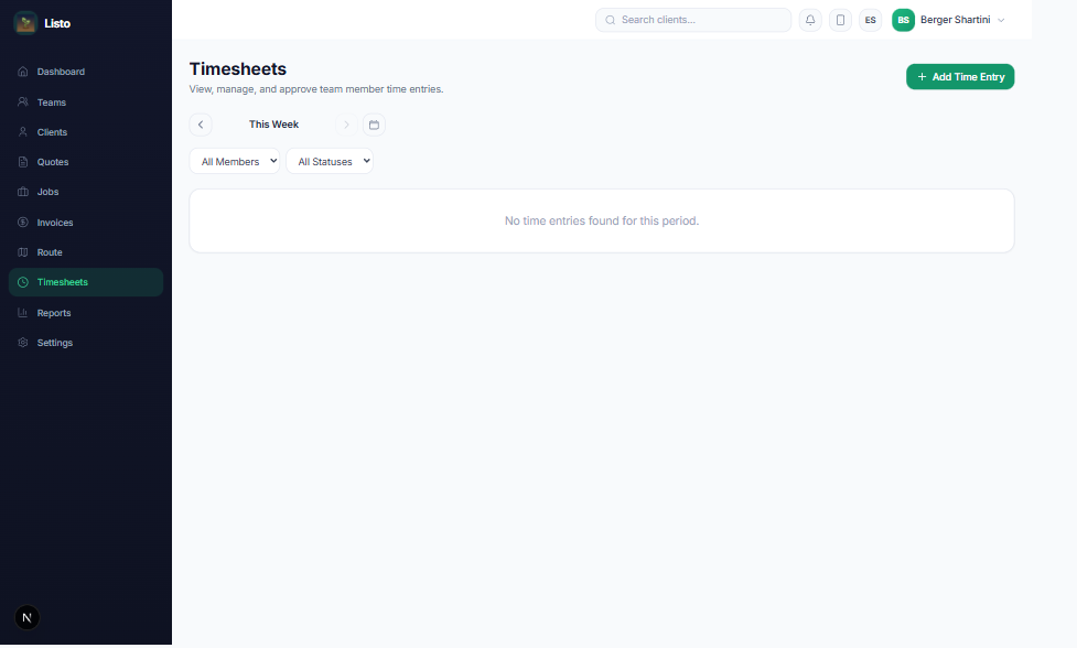 Timesheets page with week navigation and member/status filters